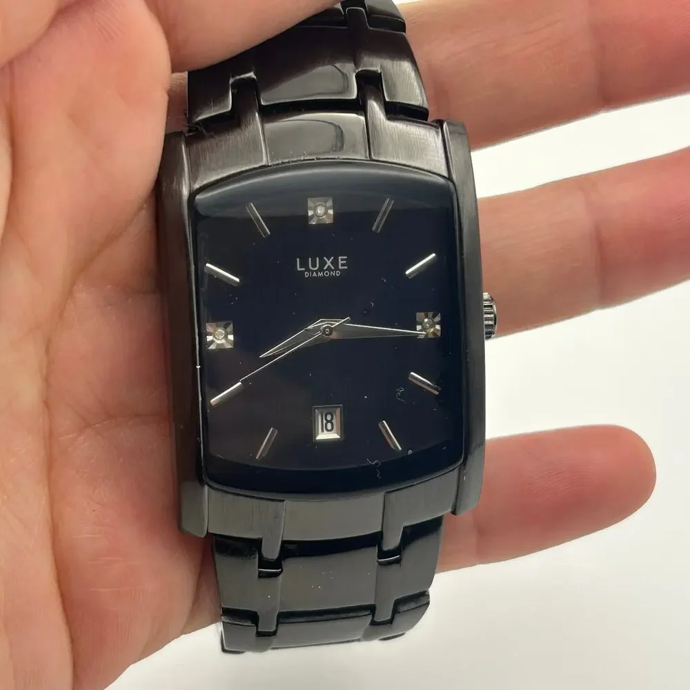 Luxe Men’s Diamond Watch Black Stainless Steel Working New Battery